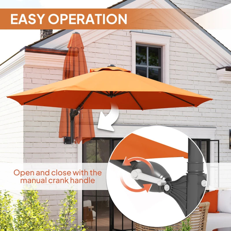 3m Wall-Mounted Parasol Shade with Handle - Outdoor Orange Sun Umbrella for Patio