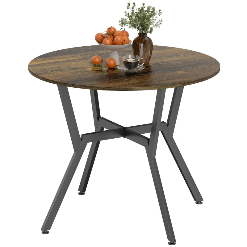 Rustic Brown Round Dining Table with Black Legs & Anti-Slip Foot Pads - 90 x 76 cm for Living Room & Kitchen