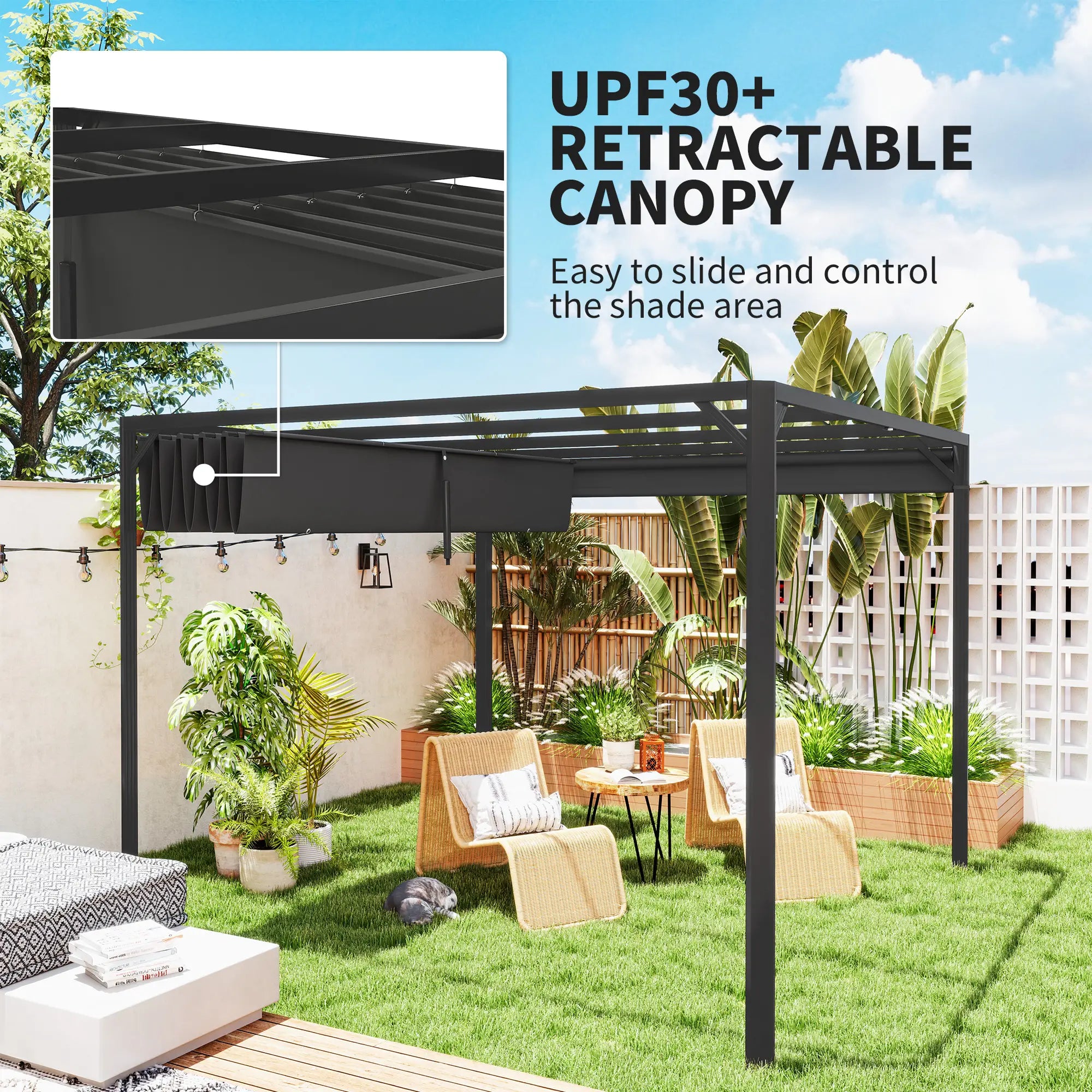 3m x 3m Aluminium Pergola With Retractable Roof and Wall - Dark Grey