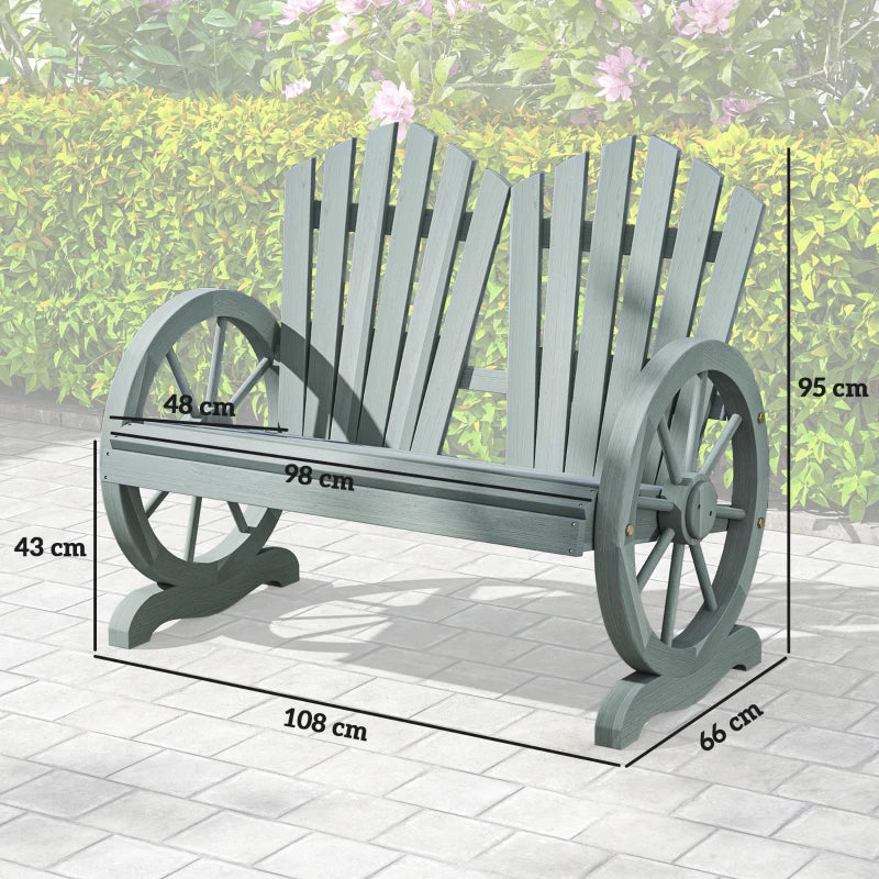 Grey Fir Wood Love Seat with Wheel-Shaped Armrests