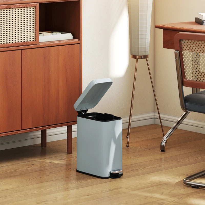 5L Rectangular Compact Steel Trash Can with Removable Bucket & Quiet-Close Lid - Ideal for Home, Office, Bathroom, Grey