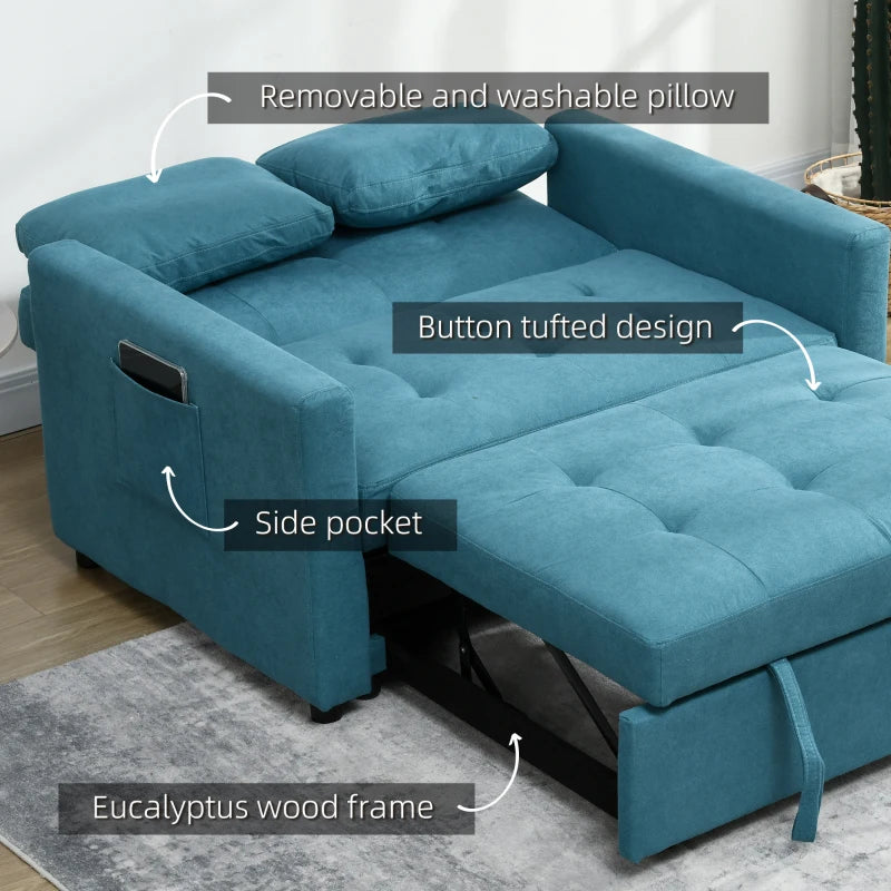 Convertible Loveseat Sofa Bed with Cushions and Side Pockets for Living Room, Stylish Blue Design