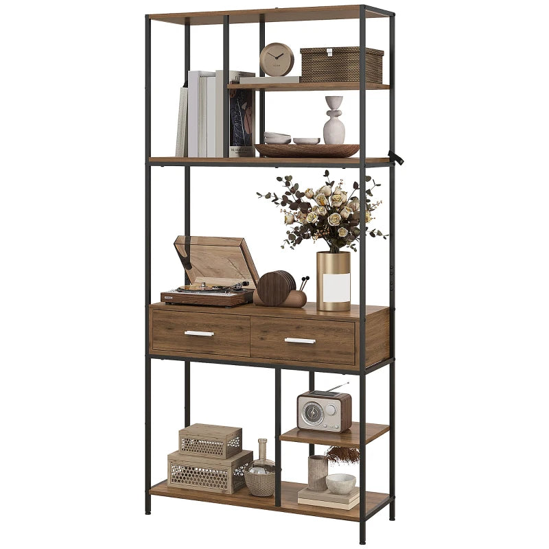 Industrial Seven-Shelf Display Shelf with Drawers - Stylish Brown and Black Storage Solution for Home or Office