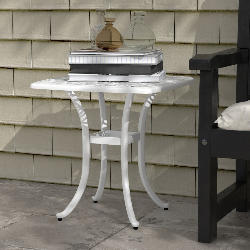Square White Cast Aluminium Bistro Table with Umbrella Hole - Outdoor Garden Side Table for Balcony (Size: 60cm)