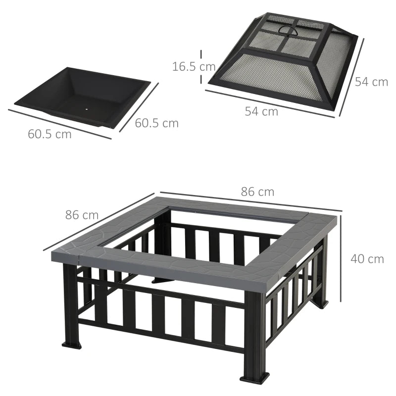 Large Square Metal Fire Pit with Cover & Grate - Outdoor BBQ Bonfire Stove for Backyard & Camping, 86x86cm, Black