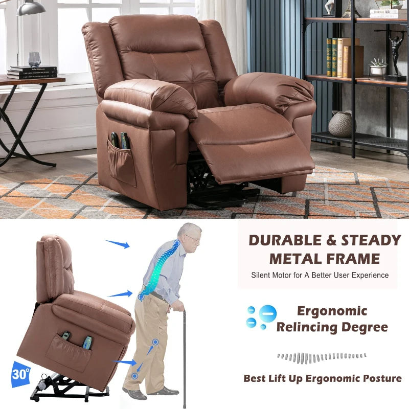 Power Lift Recliner Chair with Heating and Massage for Elderly, Soft Upholstery, Sturdy Frame, Brown, 99x83x106 cm