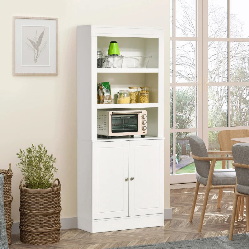 6-Tier Kitchen Cupboard - Freestanding Storage Cabinet with 3 Open Compartments & Double-Door Adjustable Shelves - White