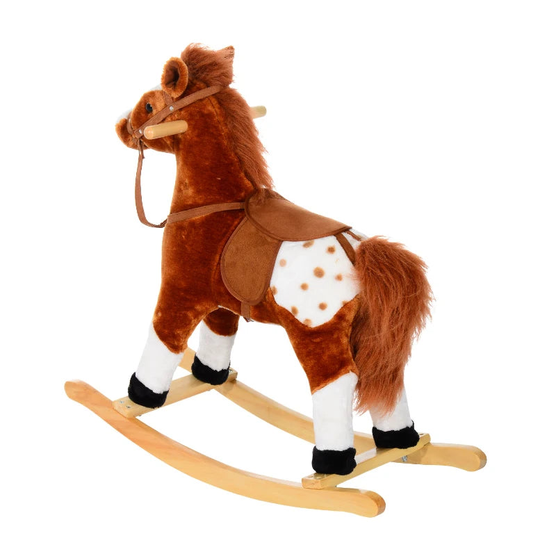 Plush Baby Rocking Horse Ride-On Toy with Sound Handle Grip for Kids Ages 3-6 - Brown Soft Animal