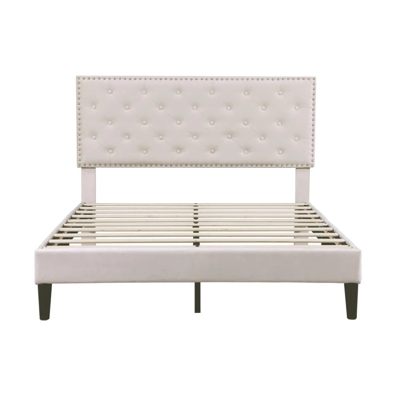 Double Upholstered Velvet Bedstead with Button-Tufted Headboard - Noise-Free, Solid Wood Slats, Beige, 193L x 141W x 110H cm