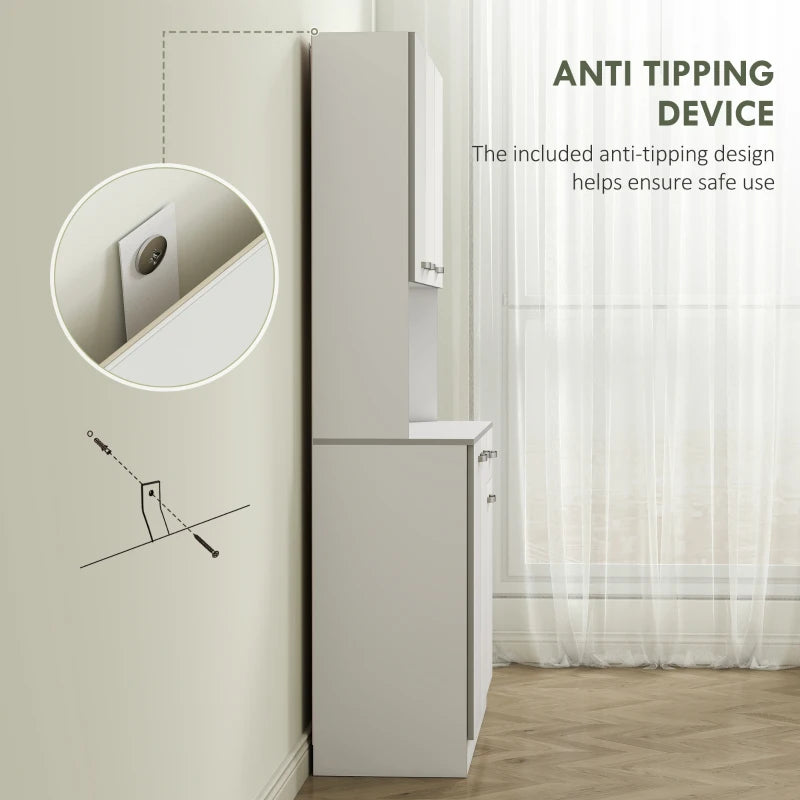 Freestanding White Kitchen Storage Cabinet with 6 Doors Adjustable Shelves and Open Countertop