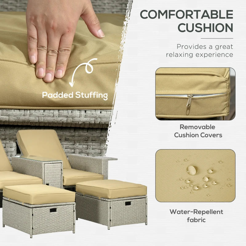 Beige 5PC Rattan Outdoor Sun Lounger Set with Storage Table