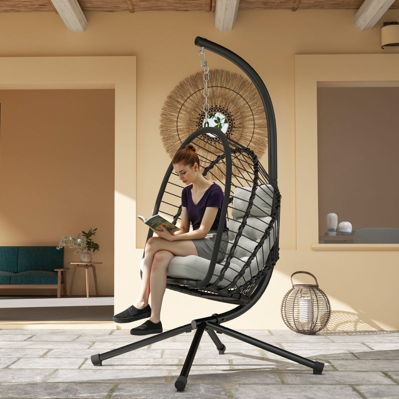 Black Outdoor PE Rattan Swing Chair with Cushion - Foldable Garden Hanging Egg Chair with Metal Stand and Headrest for Indoor and Outdoor Use