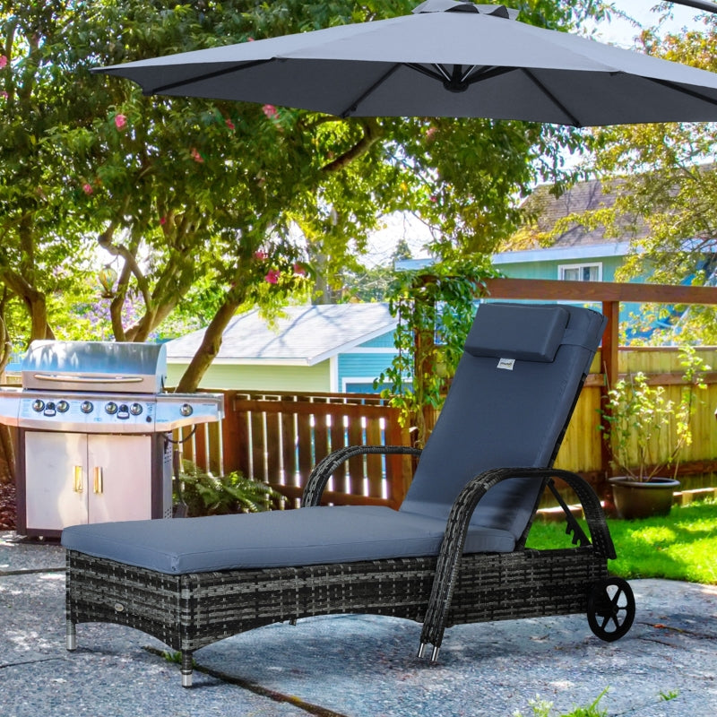 Grey Rattan Sun Lounger with Adjustable Headrest and Blue Cushion