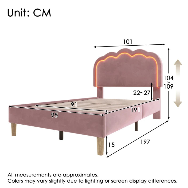 Pink Upholstered Single Bed with LED Adjustable Headboard, Velvet Frame, Wooden Slats, Easy Assembly, 197L x 101W x 109H cm