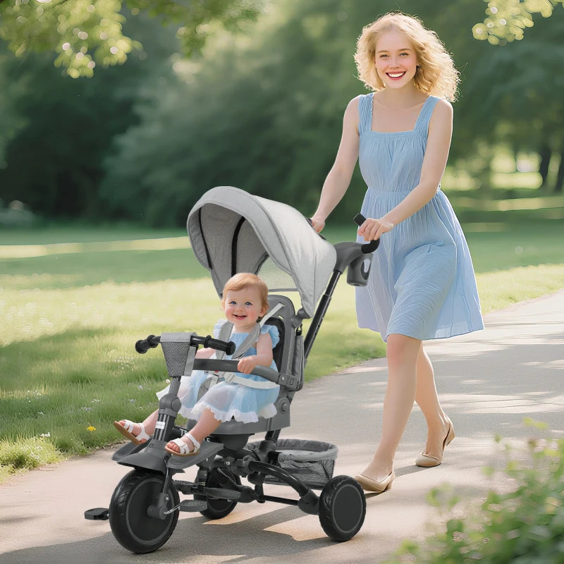6 in 1 Foldable Kids Trike with Adjustable Parent Handle and Canopy for Ages 1 to 5 Grey
