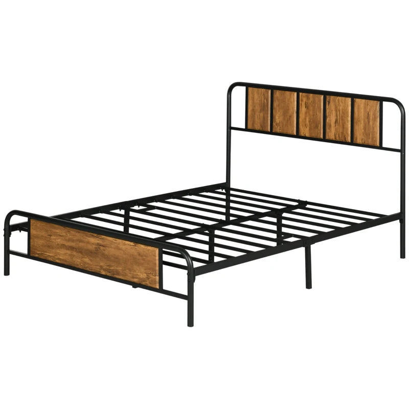 4.8ft Double Bed Frame with Industrial Wood Headboard & Steel Slat Support, 25.5cm Underbed Storage, Rustic Brown, 145x199cm