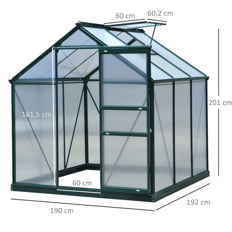 Green 6ft x 6ft Walk-In Polycarbonate Greenhouse with Aluminium Frame, Sliding Door & Roof Vent Window – Outdoor Garden Grow House for Plants, Vegetables & Flowers – Green