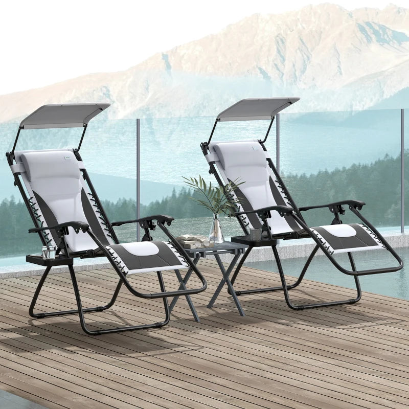 Zero Gravity Lounger Chair Set of 2 - Folding Reclining Patio Chairs with Shade Cover, Padded Seat, Cup Holder, Soft Cushion and Headrest - Light Grey