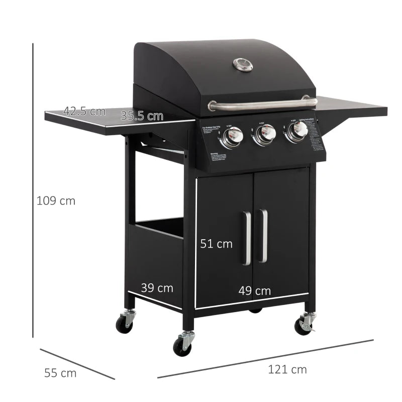 Black 3-Burner Gas BBQ Grill with Side Shelves & Storage Cabinet