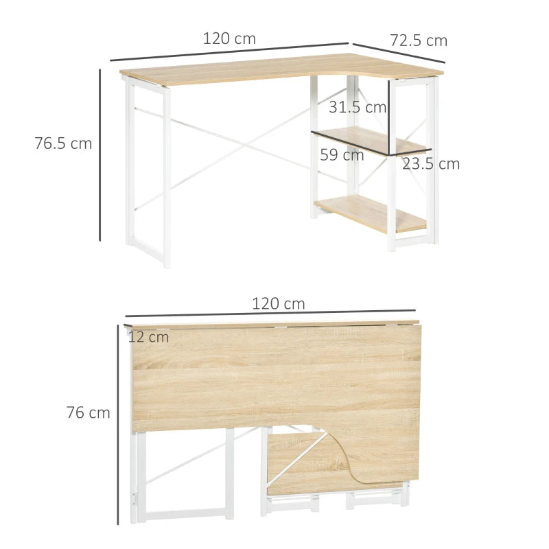 L Shaped Folding Desk with 2-Tier Storage Shelf - Corner Computer Desk for Home Office, Easy Assembly, Oak Tone, 120x72.5cm