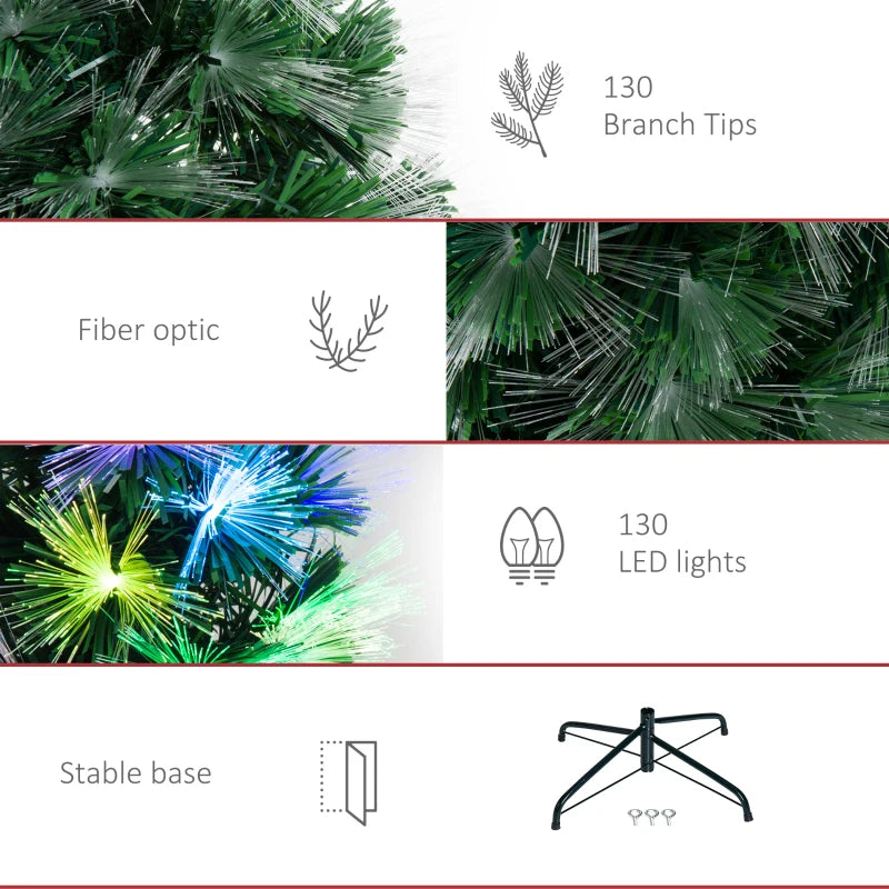4FT Multicoloured Artificial Christmas Tree with Fibre Optic Lights, Pre-Lit Modes, Metal Stand & Star Holder - Festive Home Decoration