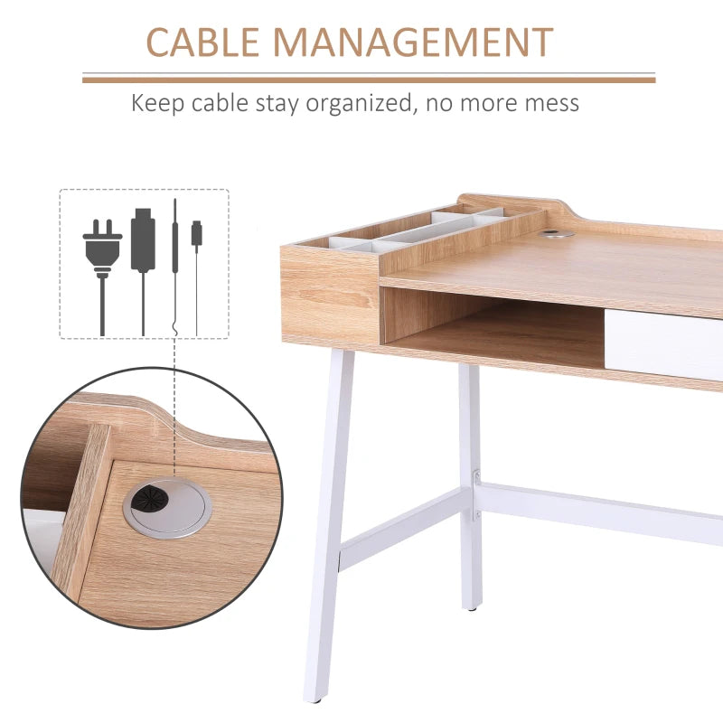 Modern Oak & White Computer Desk with Drawer, Storage, Cable Management - Stylish Writing & Study Workstation, 100x55x81.5cm