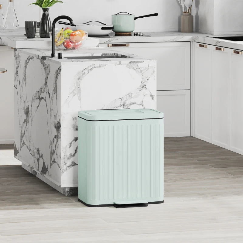 Dual Kitchen Bin 2x20L - Fingerprint-Proof Pedal Bin with Soft-Close Lid & Removable Inner Buckets for Recycling & Waste - Green
