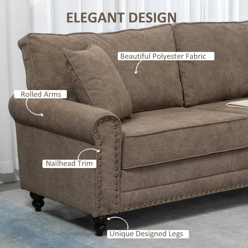 Stylish 3 Seater Fabric Sofa with Rubber Wood Legs and Extra Cushions for Living Room, Brown, 196W x 80.5D x 89H cm