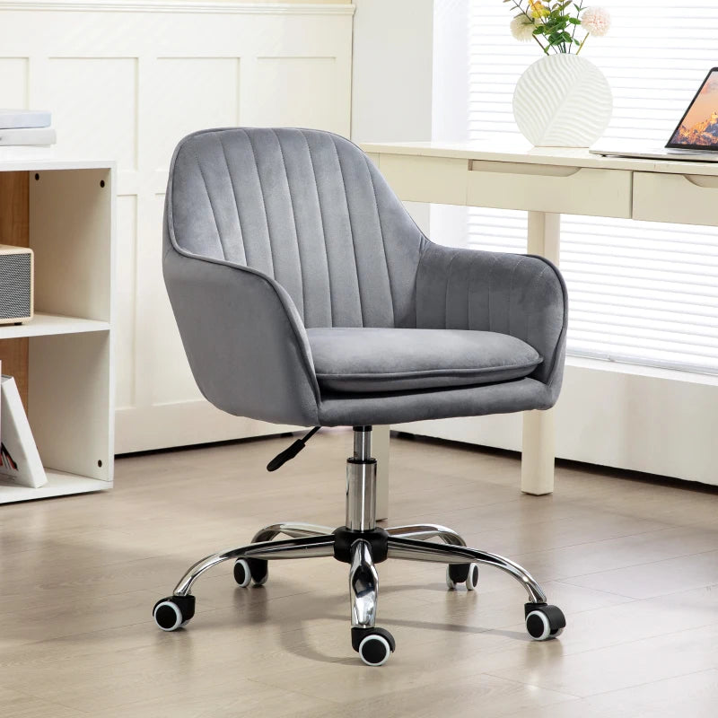 Stylish Grey Velvet Swivel Office Chair with Adjustable Height & Rolling Wheels - Perfect for Home, Work, or Study