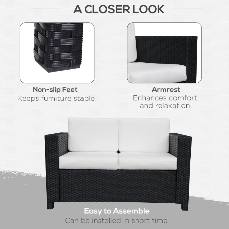Black Rattan 2 Seater Garden Sofa with Soft Padded Cushions and Armrests - Wicker Loveseat for Patio
