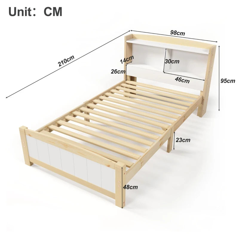Solid Wooden Single Bed Frame with Storage Headboard - 3FT (90x190 cm), No Box Spring Required, Durable White Design