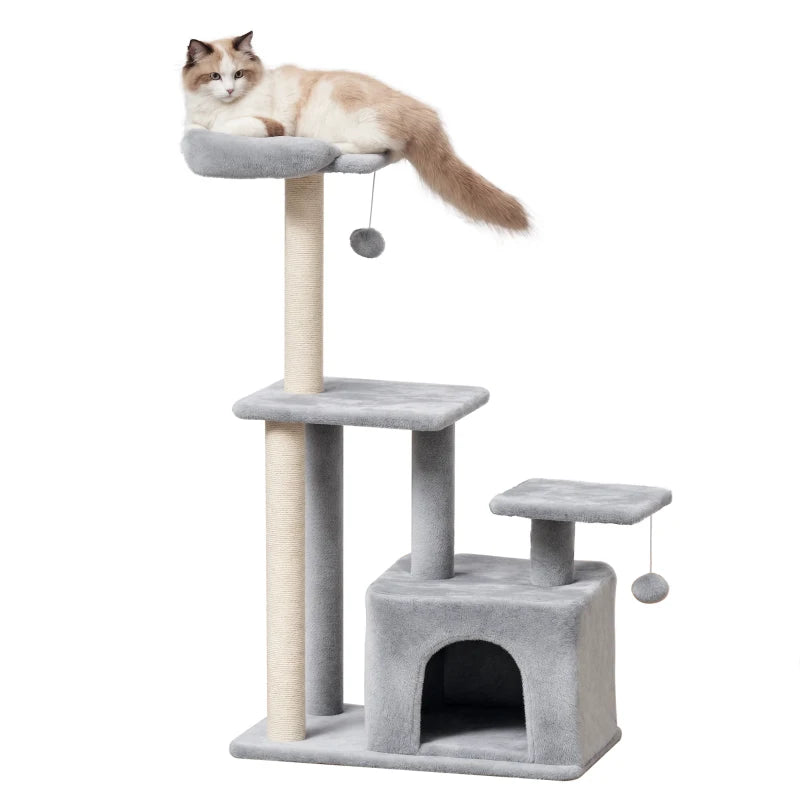 Light Grey Cat Tree Tower 114cm - Indoor Climbing Activity Centre for Kittens with Scratching Post, Perch & Hanging Ball