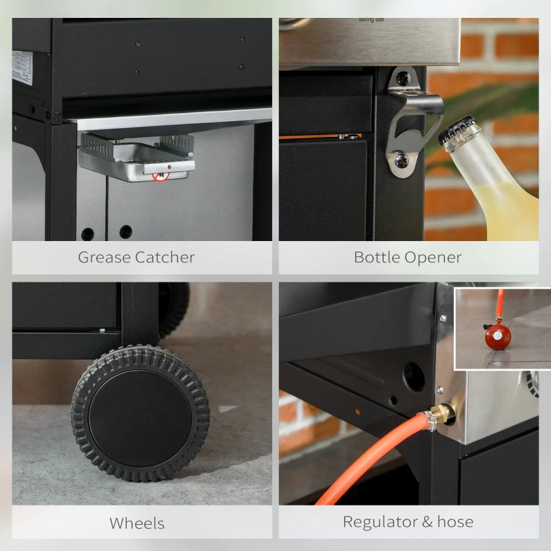 Black 9kW Three-Burner Gas BBQ Grill with See-Through Lid