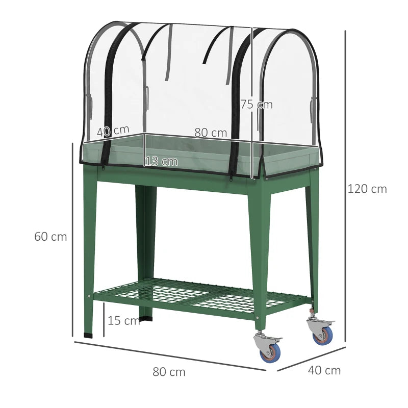 Mobile Elevated Garden Bed with Greenhouse Cover - 4ft Green Planter with Wheels and Bottom Shelf