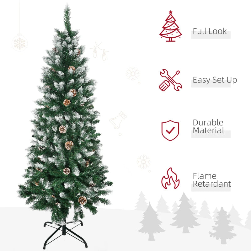 5 Ft Snowy Artificial Christmas Tree with Realistic Branches & Pine Cones - Indoor Holiday Decoration in Green & White