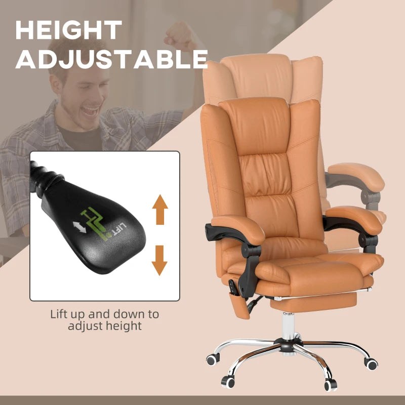 Vinsetto High Back Massage Office Chair with Heat, Reclining PU Leather Computer Chair, 135° Recline & Footrest - Light Brown