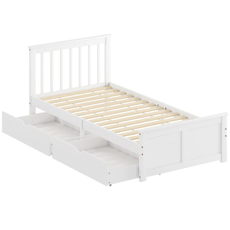 Stylish White Wooden Single Bed Frame with Storage Drawers - Perfect for Kids and Guest Rooms