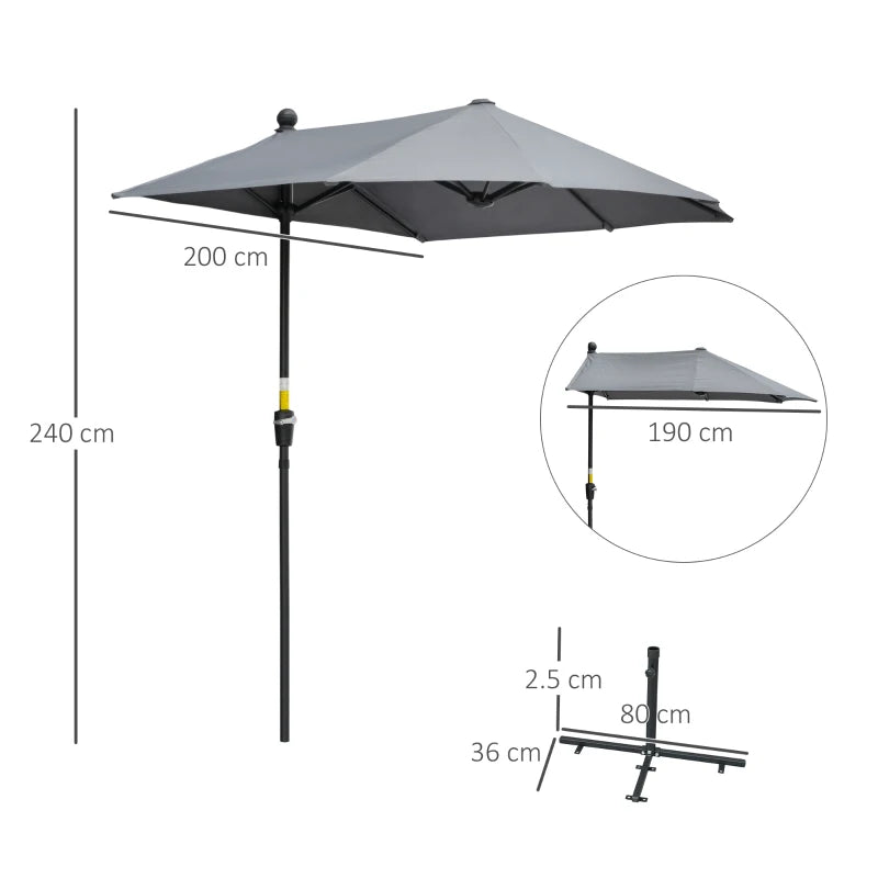 2m Dark Grey Half Parasol with Crank Handle and Base