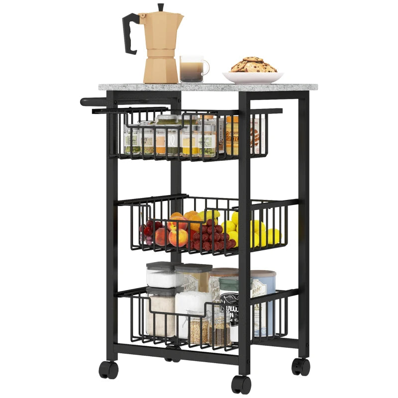 Three Basket Mobile Kitchen Island with Brakes - Stylish Grey/Black Storage Solution for Home Cooking and Dining