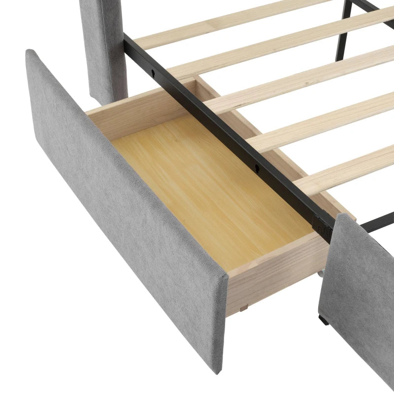 Grey Upholstered Storage Bed with 4 Drawers & Soft Backrest - Metal Frame, 204L x 156W x 106H cm