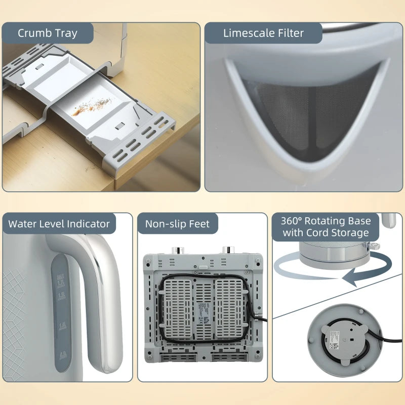 Sleek Grey Textured Kettle & Four-Slice Toaster Set - Modern Kitchen Appliances for Stylish Cooking