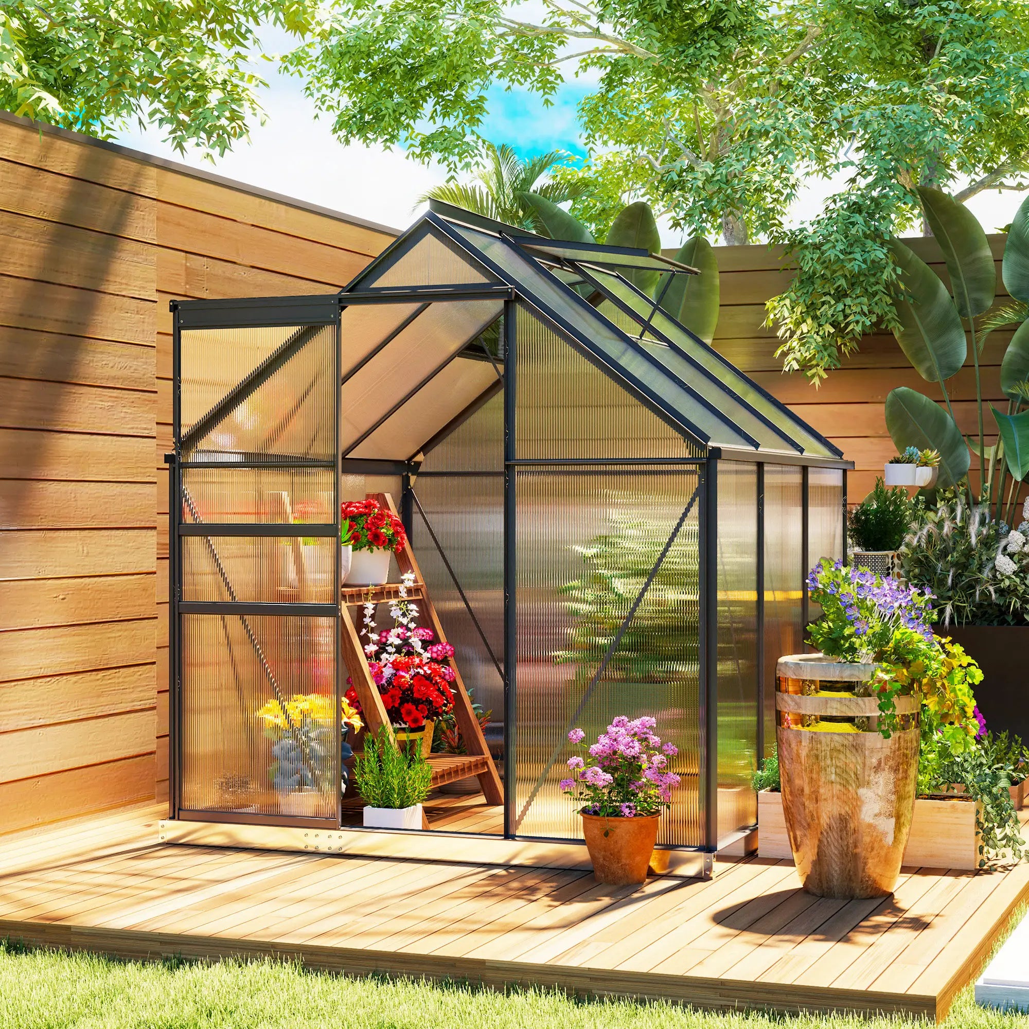 190cm x 190cm Walk-In Polycarbonate Greenhouse With Window - Grey