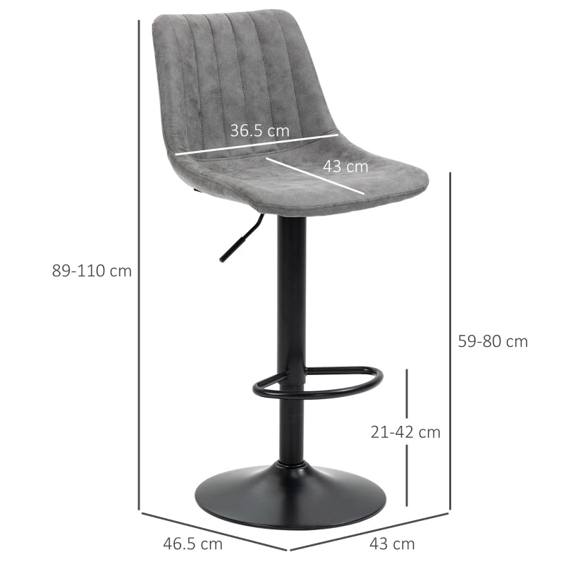 Adjustable Height Breakfast Bar Stools Set of 2 - Grey Leather Upholstery, 59-80cm Gas Lift Design