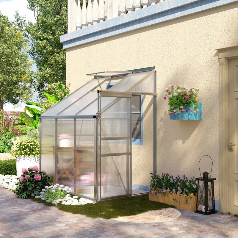 Green Aluminium Lean-to Garden Greenhouse 6x4ft with Adjustable Roof Vent
