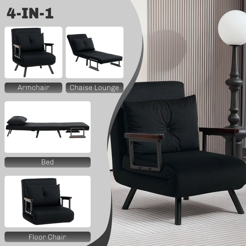 Velvet-Feel Single Chair Bed with Pillow - Stylish Black Design for Comfort and Versatility