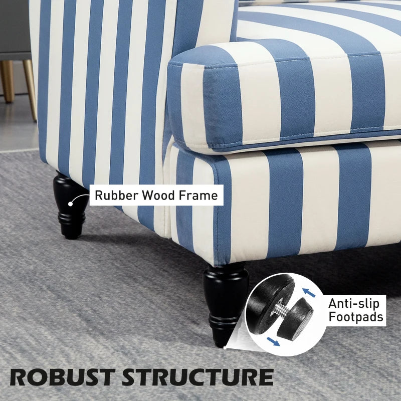Velvet Cuddle Chair with Striped Design, Upholstered Snuggle Armchair for Living Room or Bedroom, Blue and White