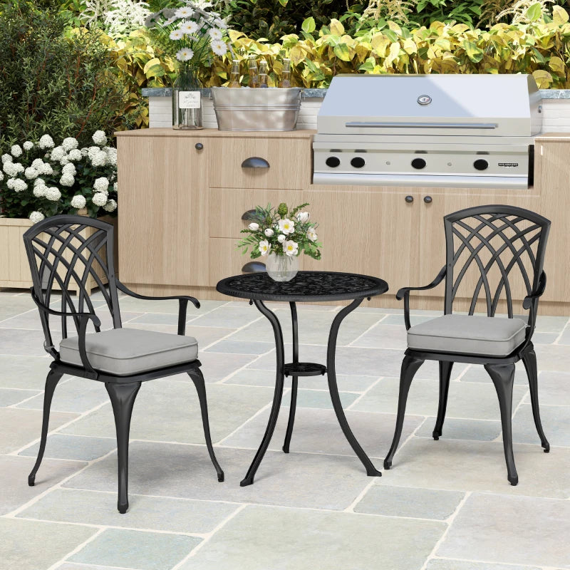 3 Piece Black Cast Aluminium Garden Bistro Set for 2 - Outdoor Coffee Table Set with Cushions, Rust Resistant, Parasol Hole, Perfect for Patio and Balcony