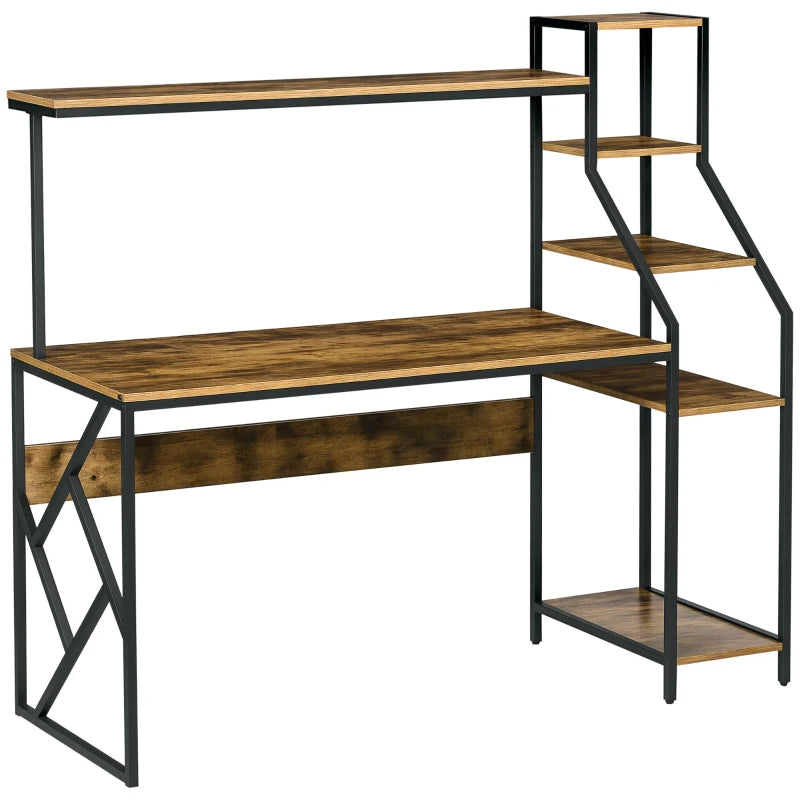 Industrial Computer Desk with Bookshelf - 6-Tier Storage Shelves for Home Office, Bedroom & Study - Rustic Brown, 150x55x138cm