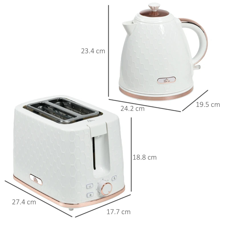 1.7L 3000W Fast Boil Kettle & 2 Slice Toaster Set - Auto Shut Off, Browning Controls, Stylish White Finish