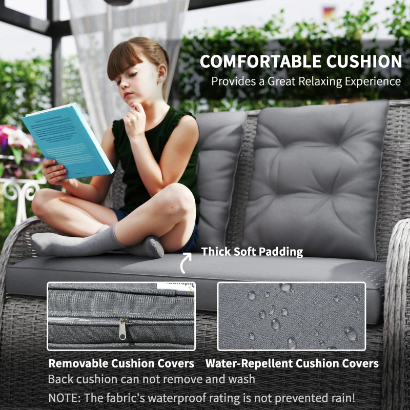 4 Seater Light Grey PE Rattan Outdoor Dining Sofa Set with High Back Chairs and Cushions, Tempered Glass Coffee Table for Patio